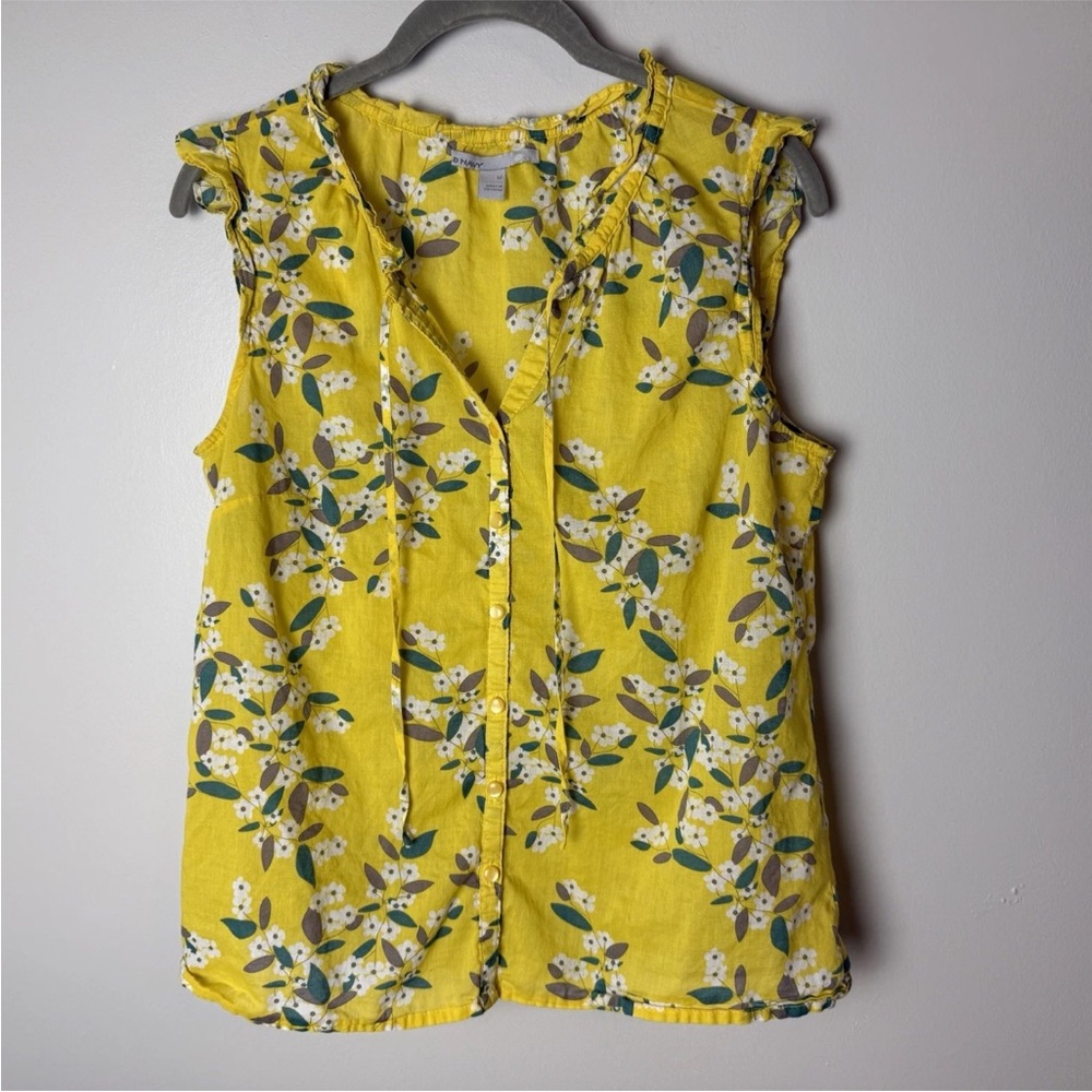 SOLD Old Navy Blouse Size Medium Top Tie Neck Sleeveless Ruffles Floral Cotton - Picture 2 of 6